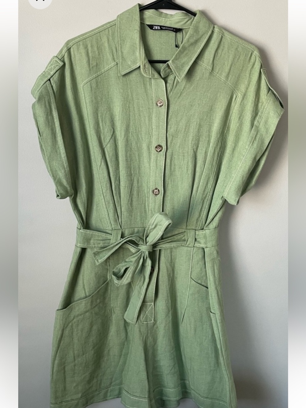 Zara Green Utility Button Down Romper with Tie Waist Size M